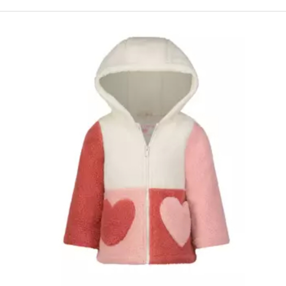 Carter's Sherpa Front Zip Jacket Heart Pockets Pink White Girl Size 2T.